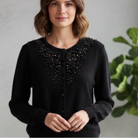 Magaschoni Sweaters - Magaschoni Cashmere Luxury Black 100% Beaded Embellished Cardigan Sweater Size S